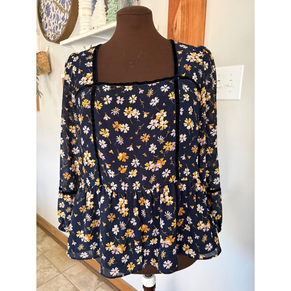 Madewell Floral‎ Square Neck Peplum Blouse Navy Velvet Trim Size M sheer sleeve